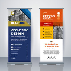 Geometric Business Roll Up. Standee Design. Banner Template. Presentation and Brochure. Modern Geometric x-banner and flag-banner advertising. Vector illustration.