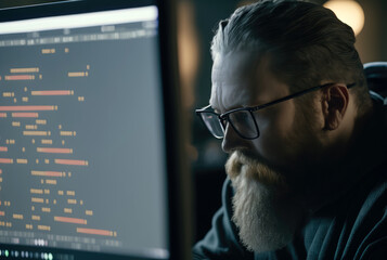 Mann mit Bart und Brille nachts beim Programmieren - Generative AI