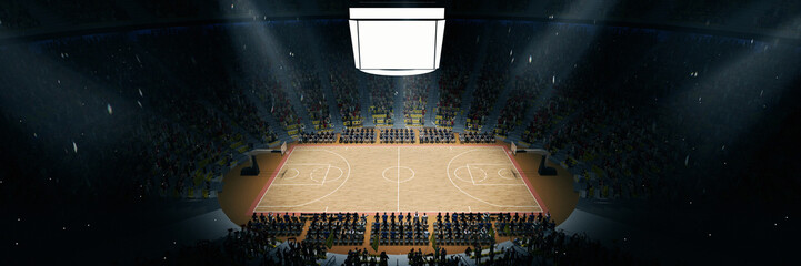Aerial view. 3D model of empty basketball arena, court, playground for basketball game competition, championship. Stadium full of sport fans cheering up before game. Concept of sport. Ad, poster © master1305
