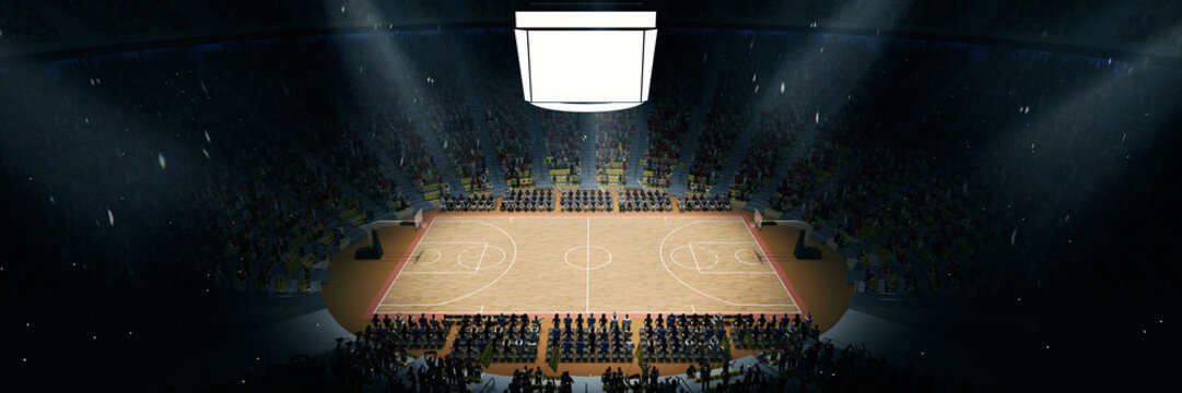 Aerial view. 3D model of empty basketball arena, court, playground for basketball game competition, championship. Stadium full of sport fans cheering up before game. Concept of sport. Ad, poster