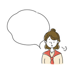 赤いカーディガンを羽織ったおだんご頭の女性がため息をつくイラストとフキダシ素材