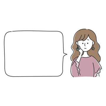 花のピアスをしたゆるふわロングヘアの女性が困っているイラストとフキダシ素材