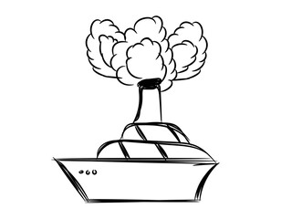 Boat icon. Side view. Black ink sketch silhouette. Vector flat graphic hand drawn illustration. The isolated object on a white background. Isolate.