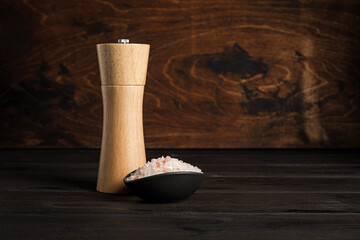 Coarse sea salt and a salt and pepper mill on wooden background, copy space