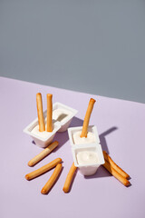 Minimal concept of food and dessert. flat lay, top view. Marshmellow and breadsticks, sweet street snack. Tredy color, hard shadow, menu for cafe, copy space, flyer, banner