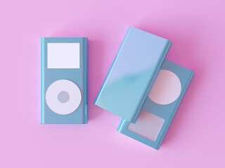 Blue metallic Aluminium MP3 Player with white round button isolated on pink background top view. Three music players. Simple White button MP3 Device 3d render illustration. Compact mp3 player - obrazy, fototapety, plakaty