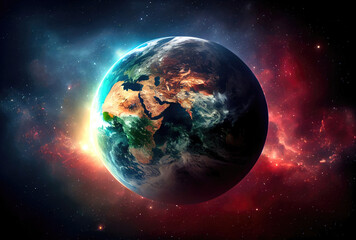 Earth in space view with shining sunrise in universe and galaxy background. Nature and World environment concept. Science and globe. Fantasy sky atmosphere. Generative AI