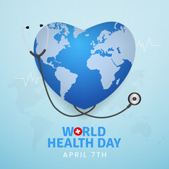 World Health Day April 7th with globe heart shape illustration on light blue color background