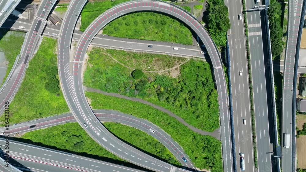 Aufkleber 高速道路のジャンクション　真俯瞰　空撮　下降　回転