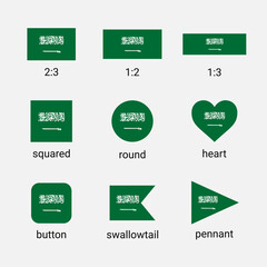 Vector collection of Saudi Arabia flags in different shapes and ratio. Arabian flag high quality set