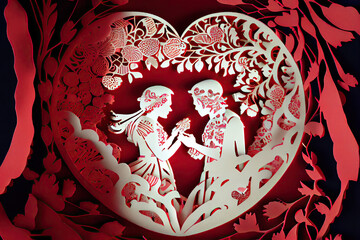 stunning hyper realistic red and white For a Valentine's Day card, an anniversary, or a wedding invitation, cut paper in the shape of a heart with a loving couple holding hands with hearts and love