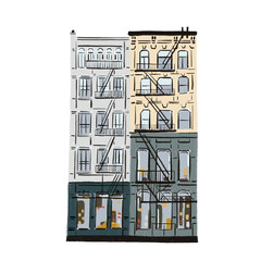New York Architecture building apartment Hand drawn color illustration