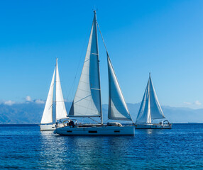 sailing yacht boats with white sails in blue sea , seascape of beautiful ships in sea gulf with mountain coast on background