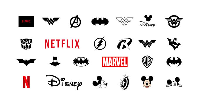 Netflix, marvel, disney. Icons from the most popular studios. Cartoons, batman, mickey mouse, transformers, iron man, superhero. Editorial