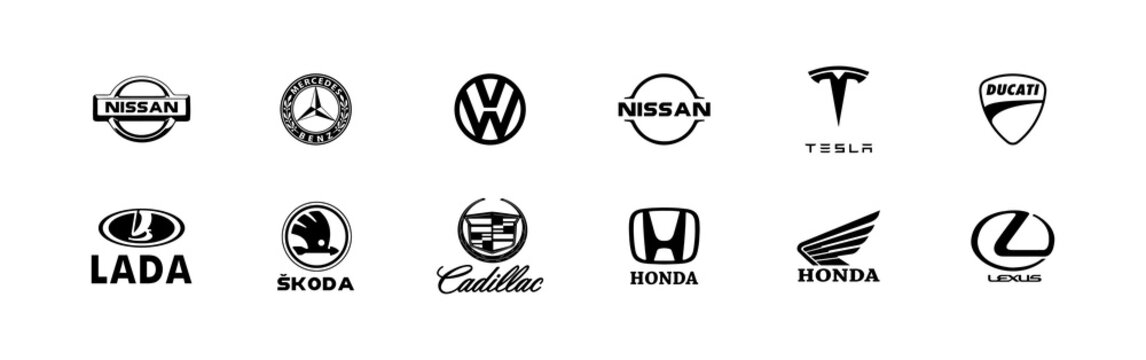 Logos collection of different brands of cars. Nissan, Mercedes Benz, Tesla, Ducati, Lada, Skoda, Cadillac, Honda, Lexus, Volkswagen. Editorial