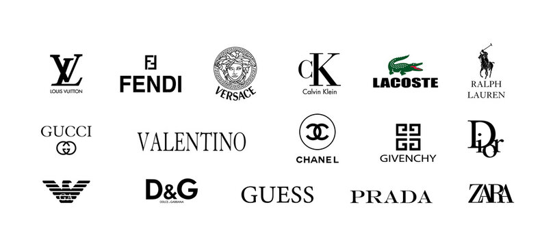 Chanel Dior Luxury clothing brands logo set. Chanel, Dior, Louis Vuitton LV,  Prada, Gucci icons. Vector editorial illustration Stock Vector