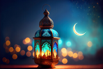 Islamic greetings ramadan kareem card design template. Space for text. background with beautiful lantern and crescent. Post-processed generative AI