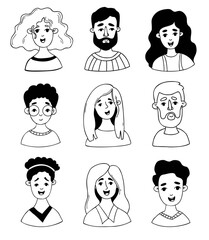 Fototapeta premium Collection cartoon portraits of people. Vector isolated faces of women, men, children in doodle style.