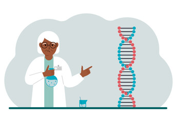 Old female doctor with flasks near the dna chain. The concept of treating a new coronavirus, virus, pcr or disease.