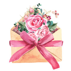 Envelope with a pink ribbon for Valentine's Day. Watercolor isolate