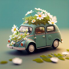Cute Toy Car with White flowers on Top, generative ai - obrazy, fototapety, plakaty