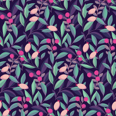 Seamless floral pattern, ornate botanical design with small berries and dense foliage. Cute natural print with hand drawn wild plants: berries, leaves, twigs in purple colors. Vector illustration.