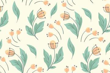 Seamless floral pattern, delicate flower print with decorative plants in pastel colors. Cute botanical design with hand drawn berries, small flowers, leaves on white background. Vector illustration.