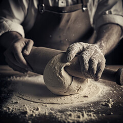 A close-up glimpse of a baker's art is captured in an illustration of his hands rolling dough with a rolling pin. Flour is scattered on the table, adding to the moment of craftsmanship. 