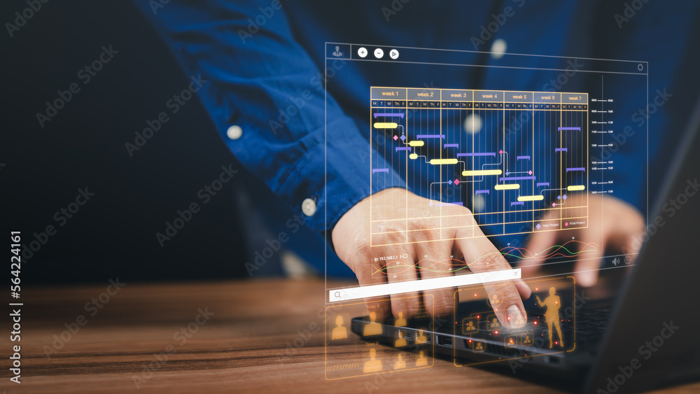 Poster Man working with technology computer in Business Analytics and Data Management System to make report with KPI and metrics connected to database. Corporate strategy for operations, planing, marketing.