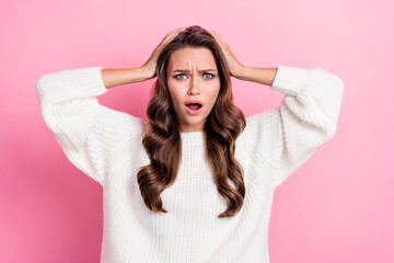 Photo of pretty impressed person hands touch head open mouth cant believe isolated on pink color...