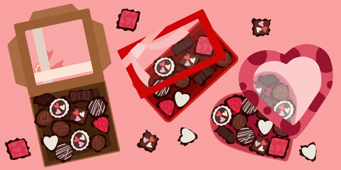 A set of boxes of chocolates on a pink background. A box in the form of a heart, a square and a rectangle. Various kinds of boxes for a beautiful gift for Valentine's Day, Mother's Day, birthday.