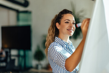 Smiling girl using a marker and writing plans on the white board.