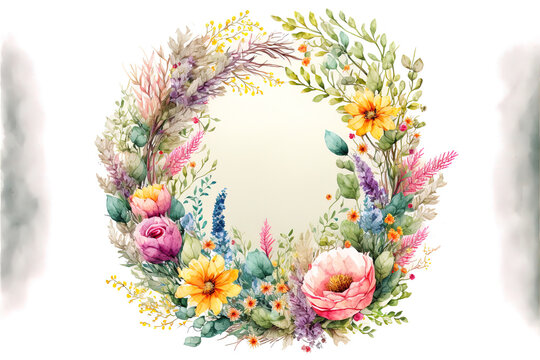 round frame wreath pattern with roses, pink flower buds, branches and leaves