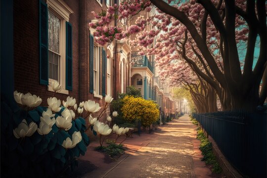 flowerung alley in the ccity street Generative AI