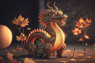 Fototapeta premium A dragon statue with some leaves, a Chinese new year concept illustration, Generative AI