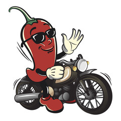 vector vintage illustration of a red chili mascot cartoon character riding a big motorbike