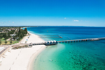 The turquoise Indian Ocean on the Western Australian coastline with the Busselton Jetty in the...