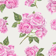 Elegant vintage watercolor seamless pattern with pink roses. Floral texture on a light background.