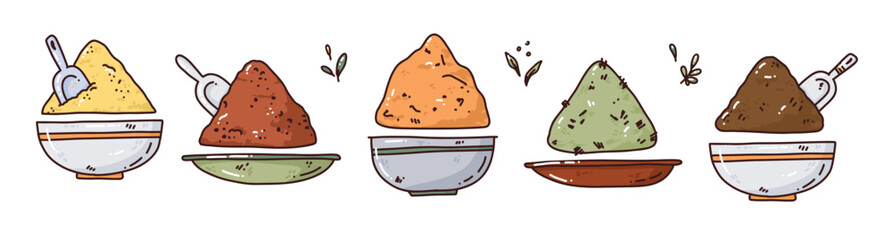 spices in bowls, colorful vector illustration