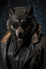 portrait of a badass wolf in jacket Generative AI