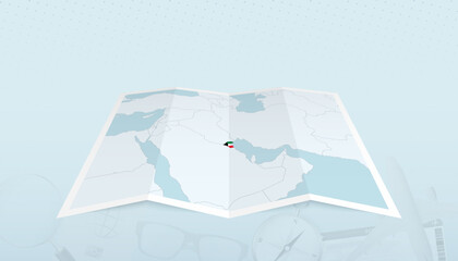 Map of Kuwait with the flag of Kuwait in the contour of the map on a trip abstract backdrop.