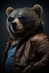 portrait of a badass brown bear in jacket Generative AI