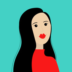Portrait of woman. Beautiful lady, female. Young girl face. Brunette hairstyle. Black long hair. Avatar for social networks. Red lipstick makeup. Left side. Flat design. Blue background.