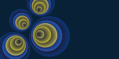 Abstract Blue and Yellow 3D Spiralling, Funnel, Concentric Circles Pattern - Perspective, Colorful Spheres Design on Dark Blue Background, Vector Illustration with Copyspace, Place, Room for Your Text