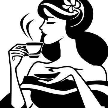Vintage Woman Drinking Coffee Black And White Black And White Vector Style. Based on Generative AI.