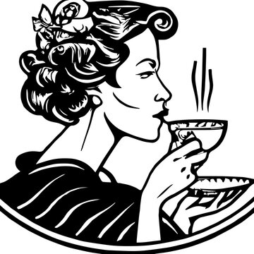 Vintage Woman Drinking Coffee Black And White Black And White Vector Style. Based on Generative AI.