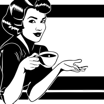 Vintage Advertising Woman Drinking Coffee Black And White Vector Style. Based on Generative AI.