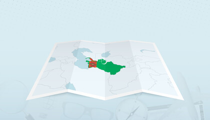 Map of Turkmenistan with the flag of Turkmenistan in the contour of the map on a trip abstract backdrop.