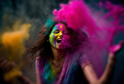 Holi festival celebration. People with bright powder colours. Generative ai