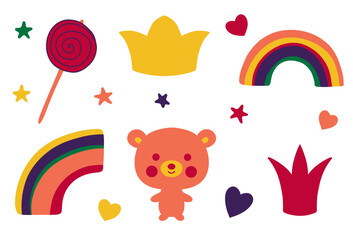 Fun colorful stickers collection in kid core style. Simple and playful doodle set.